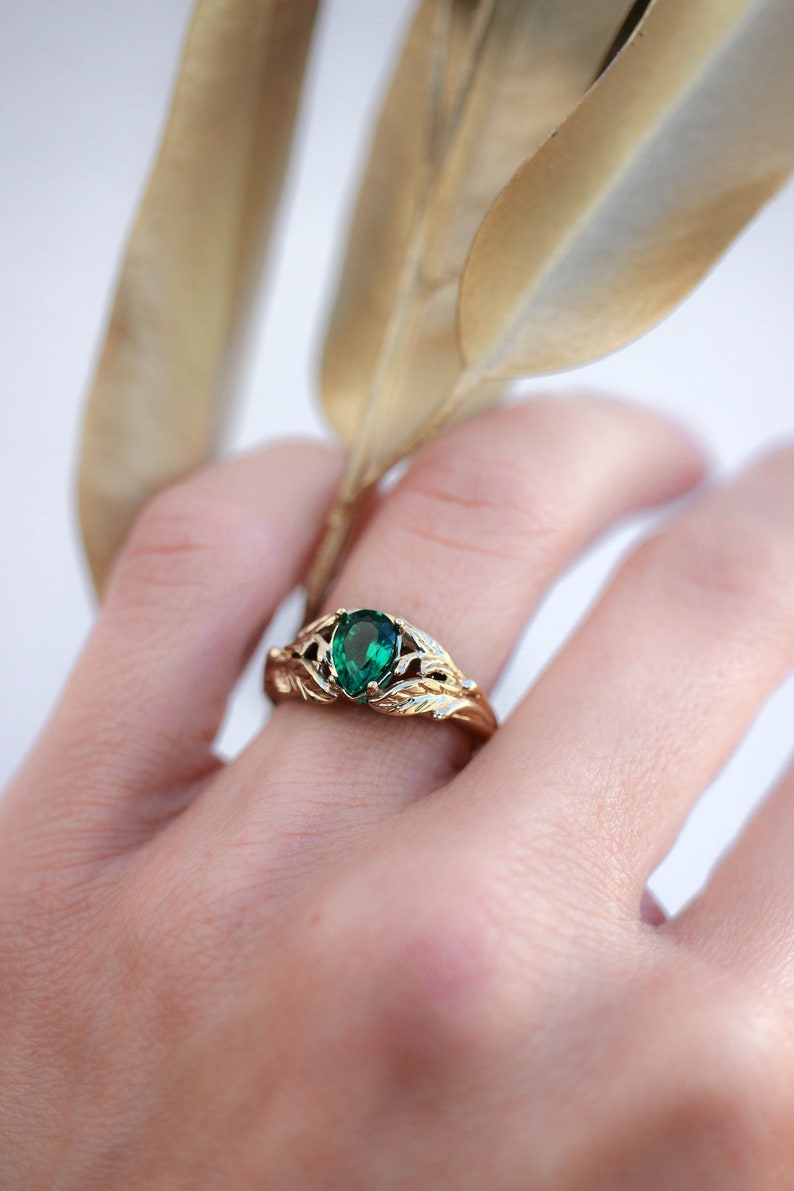 Emerald Engagement Ring 14K Yellow Gold Leaves Ring Leaf Etsy UK