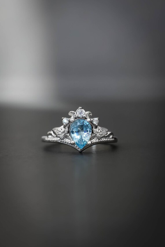 White Gold Aquamarine Ring Set Ethical Engagement Ring Crown