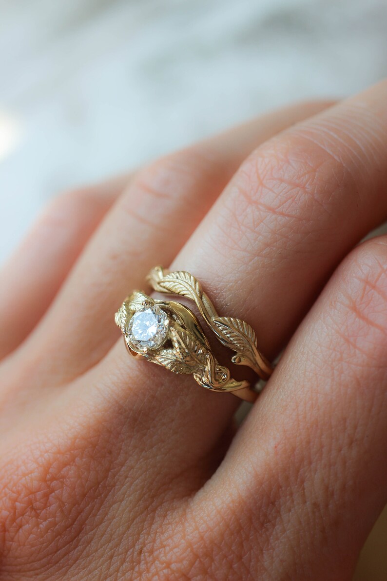 Bridal ring set with moissanite, diamond engagement ring, twig wedding band, gold leaves ring, branch ring, stacking rings set, nature ring image 3