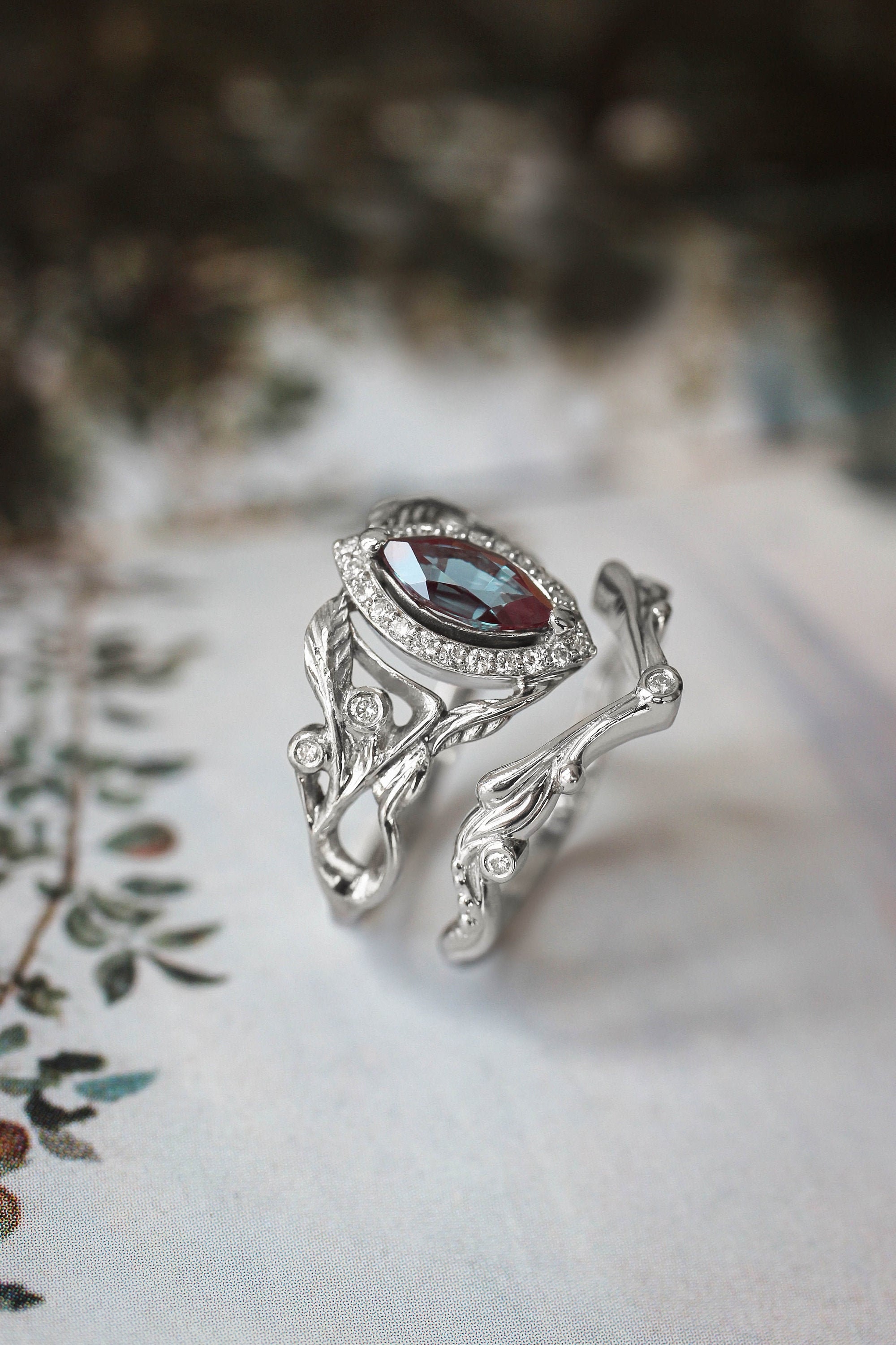 Art Nouveau Engagement Ring Set Alexandrite Engagement Ring