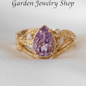 Large Amethyst Engagement Ring with Marquise Diamonds Leaves, Nature inspired Ring for Bride, Unusual Lavender Amethyst Ring 14k or 18k Gold image 5