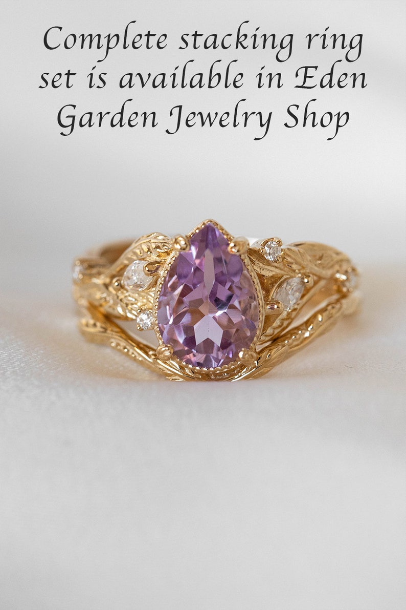 Large Amethyst Engagement Ring with Marquise Diamonds Leaves, Nature inspired Ring for Bride, Unusual Lavender Amethyst Ring 14k or 18k Gold image 5