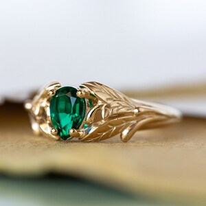 Emerald engagement ring, 14K yellow gold leaves ring, leaf ring for woman, unique engagement ring, synthetic emerald ring, teardrop ring image 9