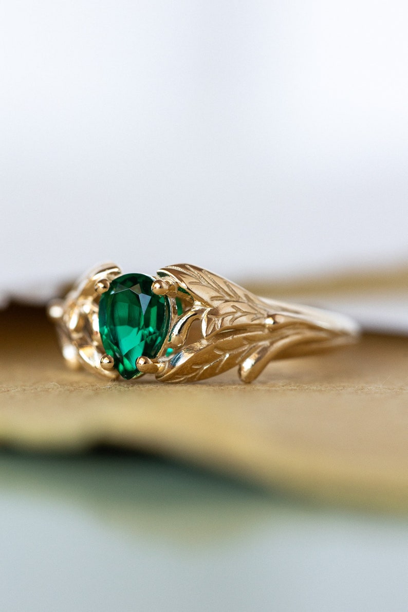 Emerald engagement ring, 14K yellow gold leaves ring, leaf ring for woman, unique engagement ring, synthetic emerald ring, teardrop ring image 9