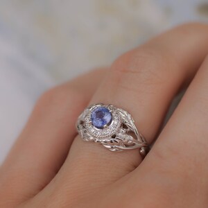 Sapphire Engagement Ring with Diamond Halo, White Gold Leaf Ring, Nature Inspired Ring, Leaf engagement ring, Light Blue Sapphire Ring image 6