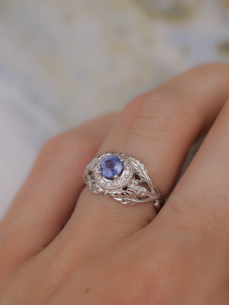 Sapphire Engagement Ring with Diamond Halo, White Gold Leaf Ring, Nature Inspired Ring, Leaf engagement ring, Light Blue Sapphire Ring image 6
