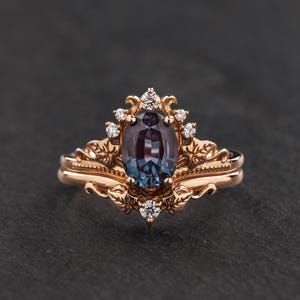 Oval alexandrite engagement ring set, ivy leaves bridal ring set with diamonds