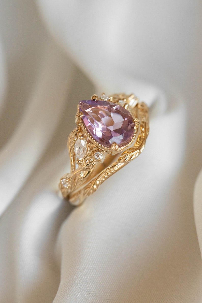 Large Amethyst Engagement Ring with Marquise Diamonds Leaves, Nature inspired Ring for Bride, Unusual Lavender Amethyst Ring 14k or 18k Gold image 6