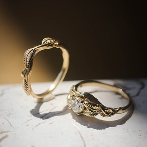 Bridal ring set with moissanite, diamond engagement ring, twig wedding band, gold leaves ring, branch ring, stacking rings set, nature ring image 4