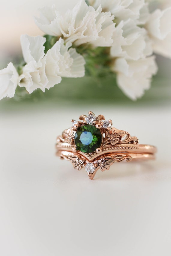 Nature Engagement Ring Set, Green Tourmaline Ring, Bridal Set With  Diamonds, Rose Gold Wedding Band, Leaves Ring, Gift for Her, Ivy Ring - Etsy