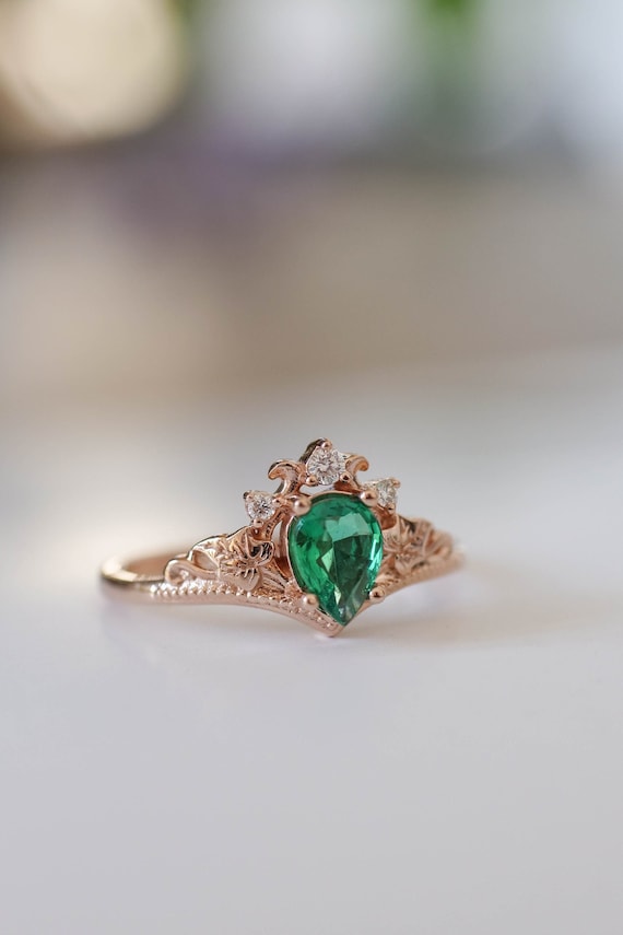 Natural Emerald and Diamonds Ring Elvish Engagement Ring | Etsy