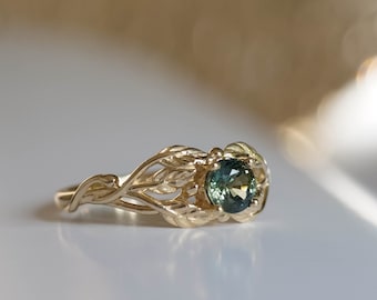 Green Sapphire Engagement Ring, Elvish Ring For Proposal, Leaf And Vine Ring, Nature Engagement Ring Yellow Gold, Natural Sapphire Gold Ring