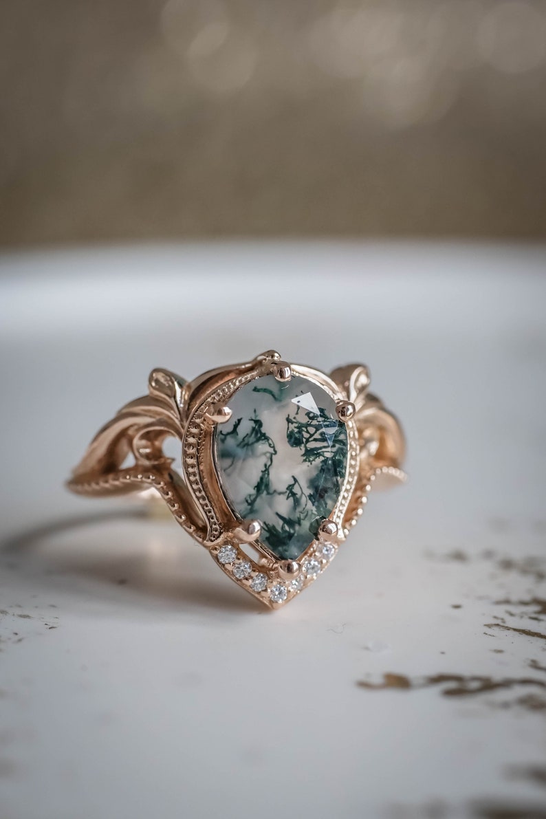 Pear cut Natural Moss agate Ring Set, Alternative Elvish Engagement Rings, Twig Engagement Ring & Wedding Ring Enhancer, 14K or 18k Gold image 8