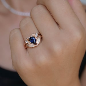 Royal Blue Sapphire Engagement Ring, 1.4 Ct Genuine Sapphire Ring, Nature Inspired Diamond Ring, Sapphire and Diamond Gold Ring for Her image 4