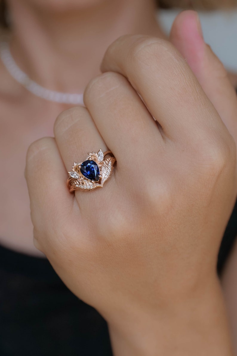 Royal Blue Sapphire Engagement Ring, 1.4 Ct Genuine Sapphire Ring, Nature Inspired Diamond Ring, Sapphire and Diamond Gold Ring for Her image 4