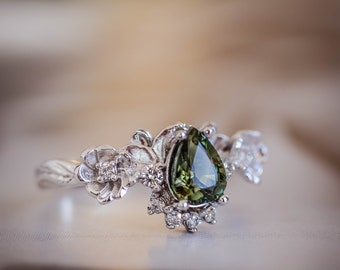 Green sapphire engagement ring, sapphire flower ring, nature engagement ring, unique ring for woman, floral ring, sapphire & diamonds ring