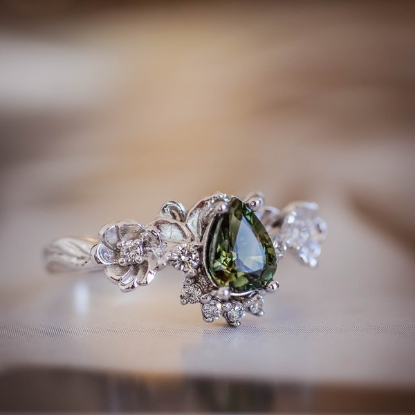 Green sapphire engagement ring, sapphire flower ring, nature engagement ring, unique ring for woman, floral ring, sapphire & diamonds ring