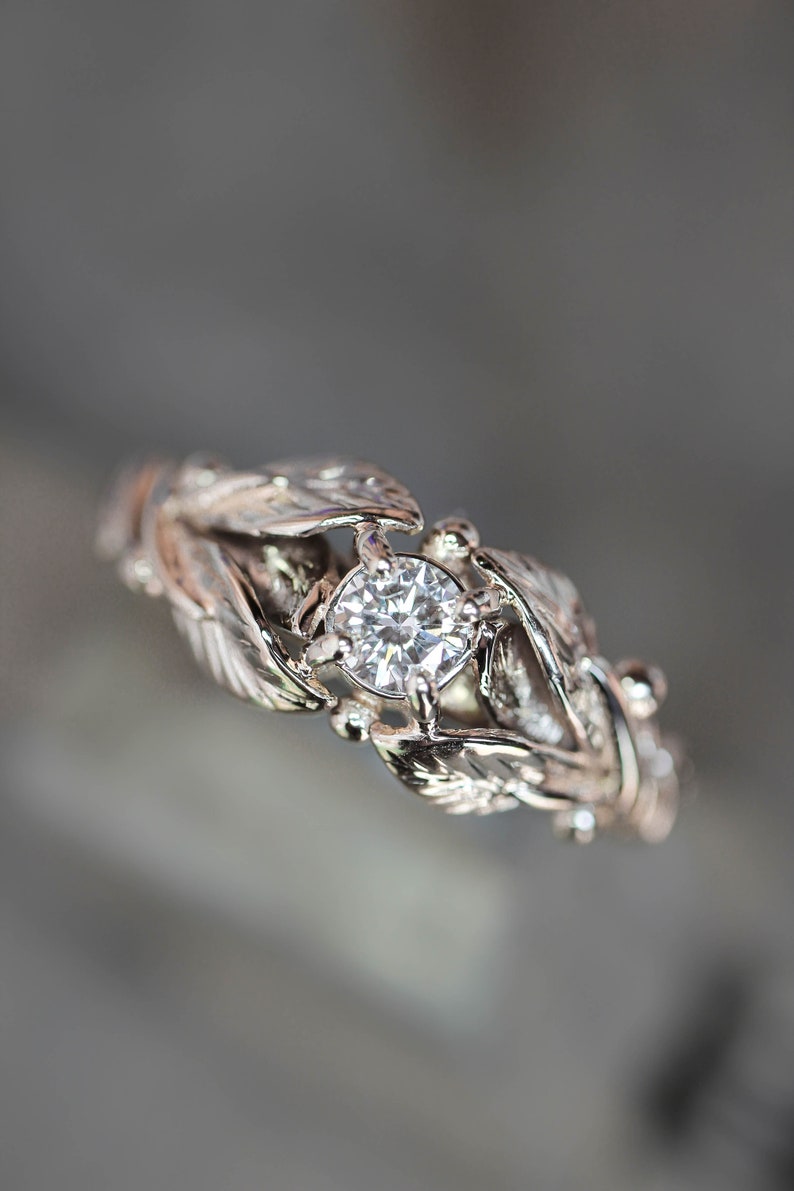 White gold leaf engagement ring diamond engagement ring | Etsy