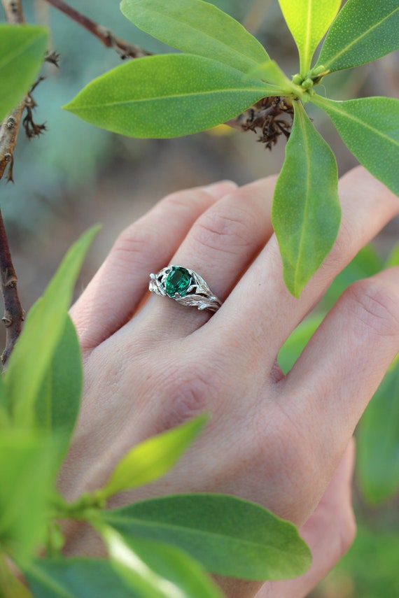 Pear Shaped Engagement Ring White Gold Emerald Ring Leaves - Etsy