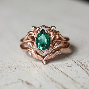 Lab emerald and moissanite ring, unique engagement ring, pear cut ring, leaves ring, emerald engagement, art nouveau ring, ring for woman image 3