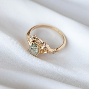 Elvish Engagement Ring Moss Agate Ring with Real Diamonds or Moissanites, Vintage inspired engagement 14k or 18K Gold, Fantasy Engagement image 10