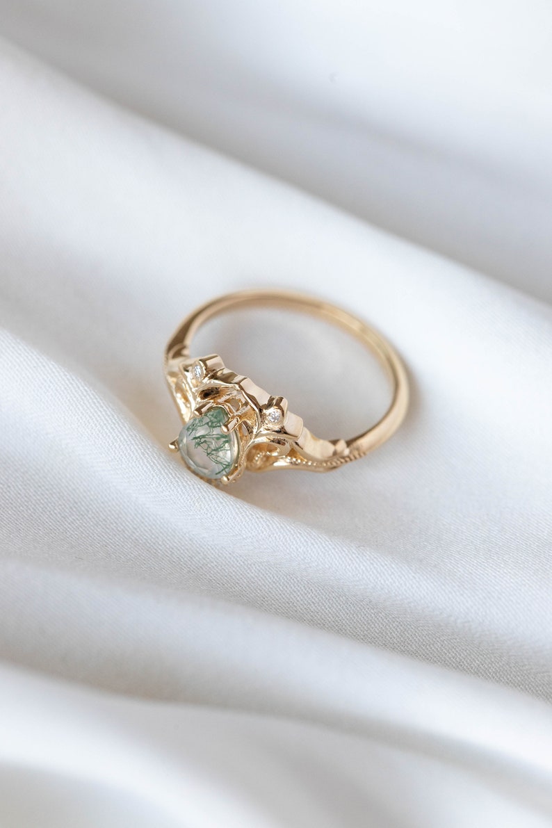 Elvish Engagement Ring Moss Agate Ring with Real Diamonds or Moissanites, Vintage inspired engagement 14k or 18K Gold, Fantasy Engagement image 10