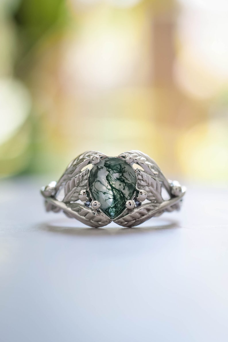 Natural Moss Agate Ring 14K or 18k Gold, Elvish Leaves Engagement Ring, Forest Green Gemstone Ring, Unique Promise Ring for Women image 7