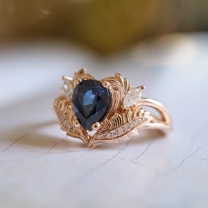 Royal Blue Sapphire Engagement Ring, 1.4 Ct Genuine Sapphire Ring, Nature Inspired Diamond Ring, Sapphire and Diamond Gold Ring for Her image 8