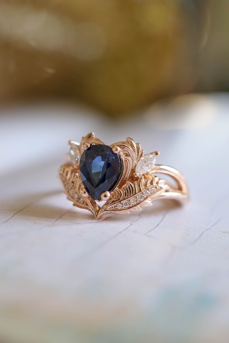 Royal Blue Sapphire Engagement Ring, 1.4 Ct Genuine Sapphire Ring, Nature Inspired Diamond Ring, Sapphire and Diamond Gold Ring for Her image 8