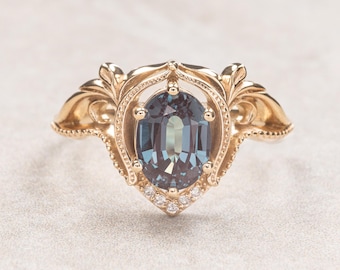 Alexandrite and diamonds ring, unique engagement ring, lab grown diamonds  vintage wedding, leaves ring, colour change, nature ring for woman