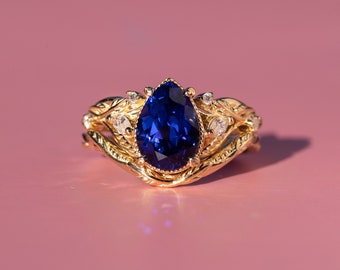 READY TO SHIP, Size 7 Us, Lab Sapphire Engagement Ring set, Fantasy Botanical Ring with Dark Blue Sapphire Chevron Wedding Band, 14k Gold