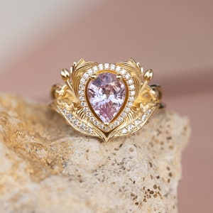Genuine Pink Sapphire Engagement ring with Diamond Halo, Nature Inspired Ring, Gold Leaves Ring, Fantasy Engagement Ring, 14K 18K Gold image 6