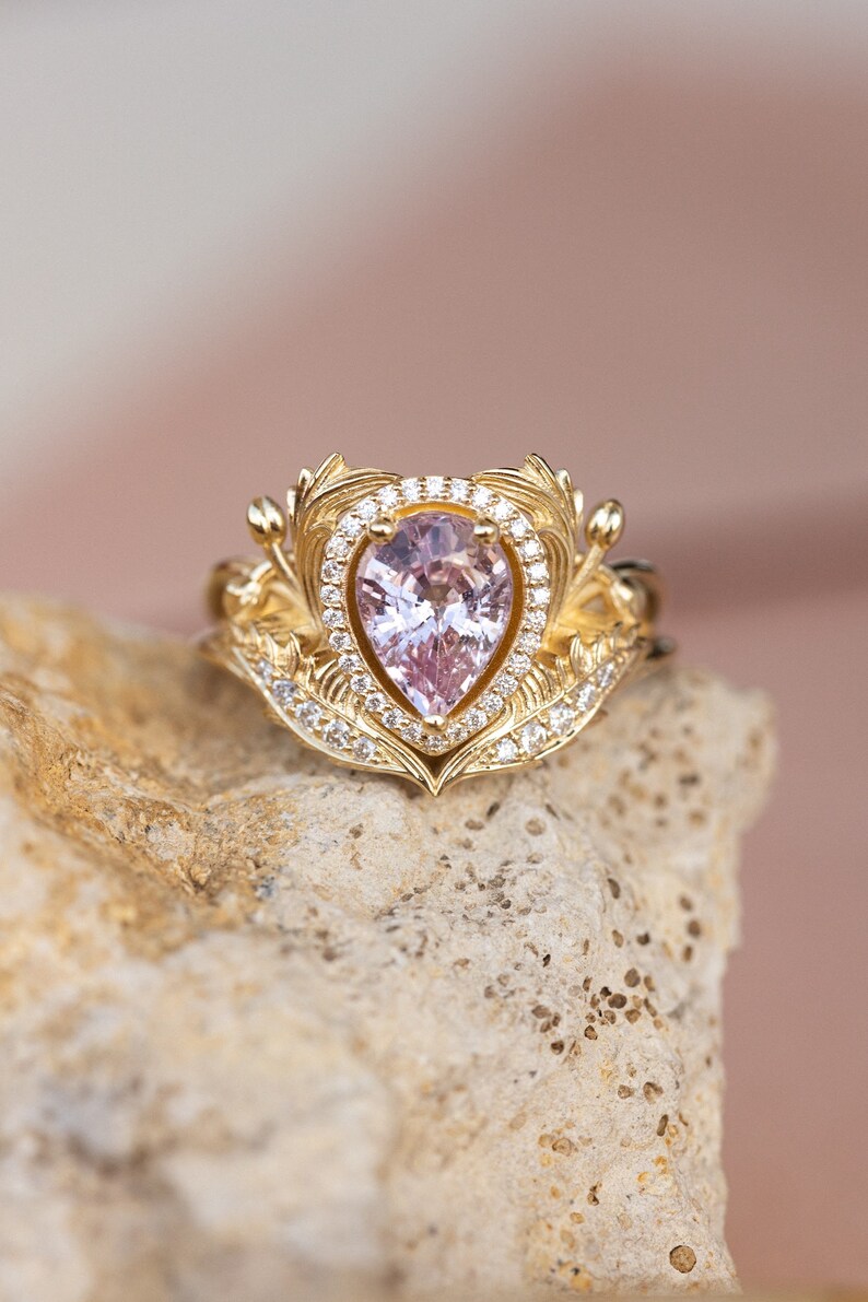 Genuine Pink Sapphire Engagement ring with Diamond Halo, Nature Inspired Ring, Gold Leaves Ring, Fantasy Engagement Ring, 14K 18K Gold image 6