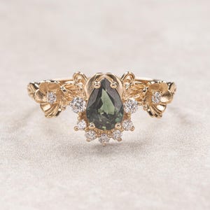 Green sapphire and diamonds ring, flower engagement ring, Green elvish engagement ring, Natural sapphire floral engagement ring