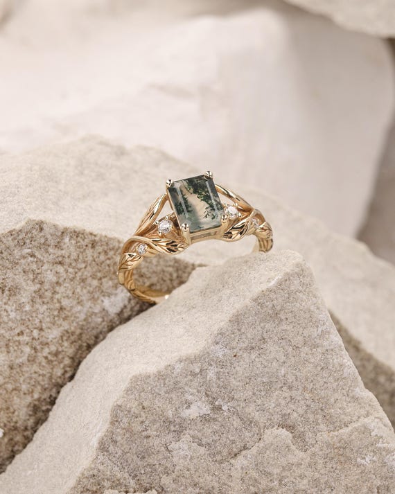 Ct Emerald Cut Moss Agate Engagement Ring With Gold Leaves