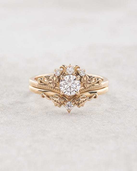 ct Lab grown Diamond Bridal Ring Set, Gold Ivy Leaves and Lab Diamonds  Engagement, Fairy Bridal Diamond Rings in 14K or 18K Gold