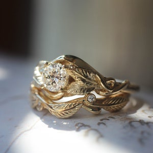 Leaf bridal ring set, engagement ring, moissanite ring, twig wedding band, branch ring, gold leaves ring, stacking rings set imagem 5