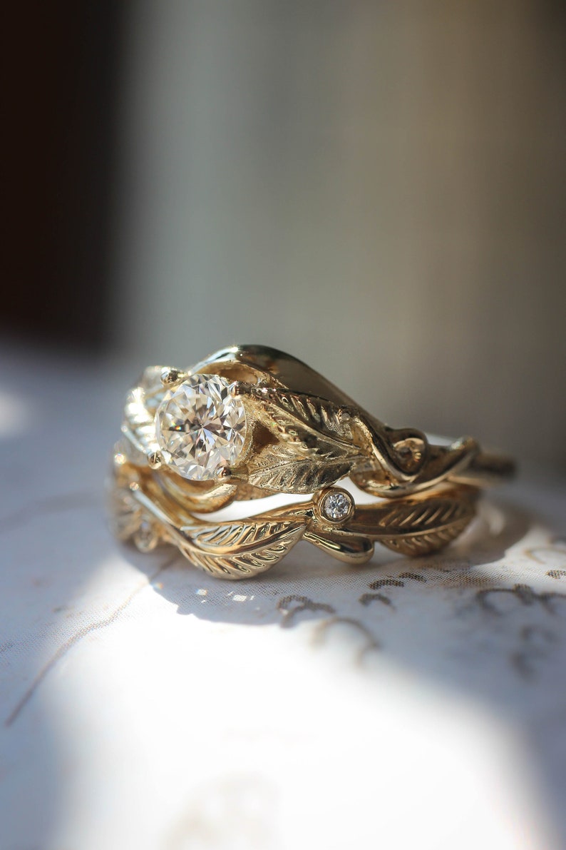 Leaf bridal ring set, engagement ring, moissanite ring, twig wedding band, branch ring, gold leaves ring, stacking rings set imagem 5