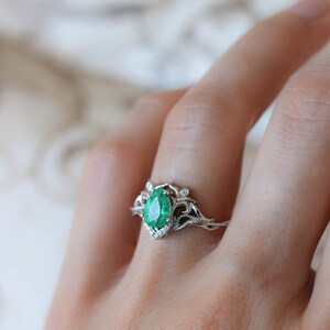 Natural emerald and diamonds ring, unique engagement ring, vintage wedding, leaves ring, moissanite ring, art nouveau ring, ring for woman image 7