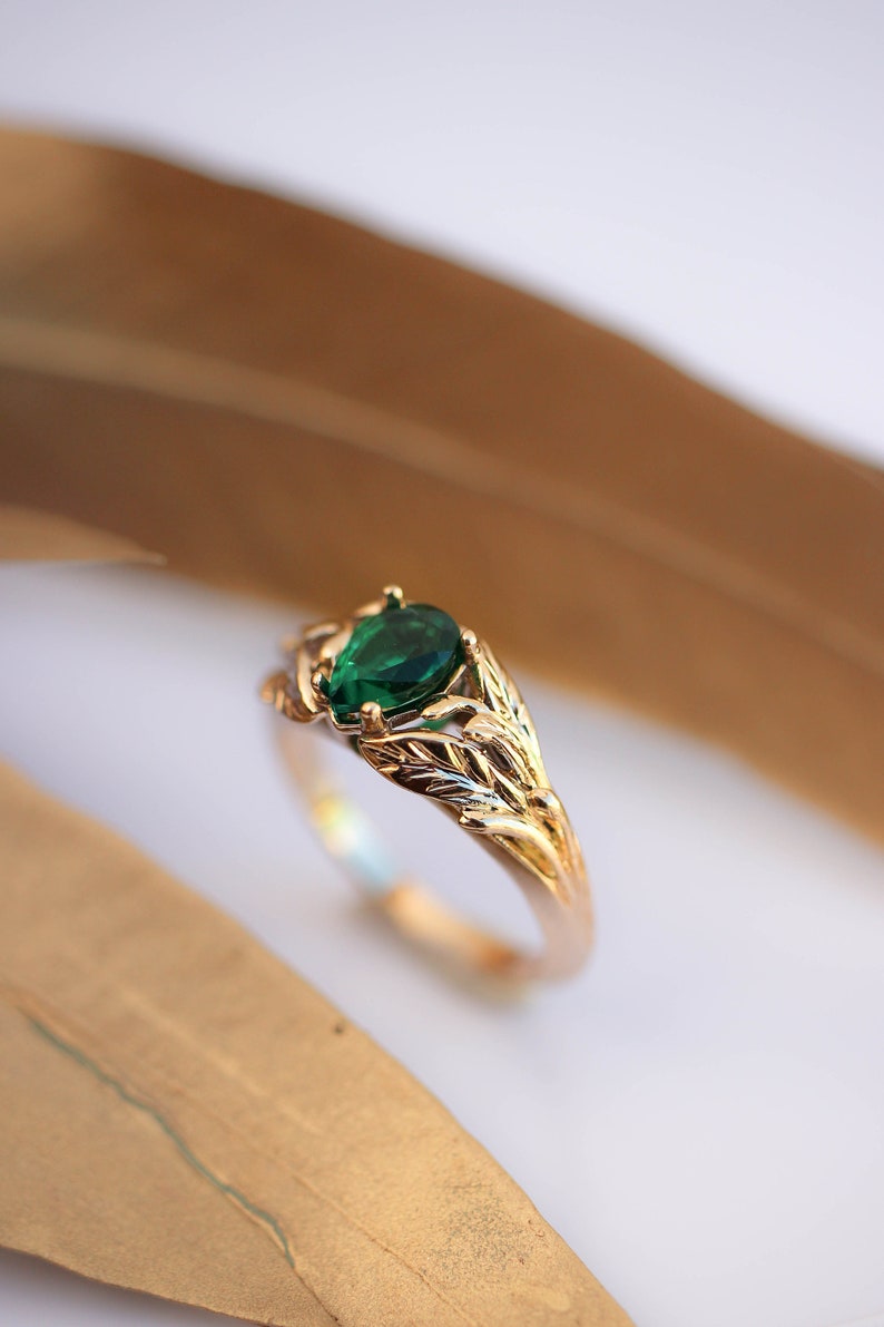Emerald Engagement Ring 14K Yellow Gold Leaves Ring Leaf Etsy UK