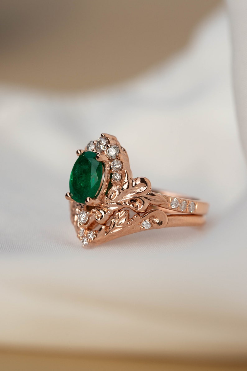 Ornate Engagement Ring Set, Natural Emerald Ring with Diamonds, 2pcs Bridal ring set, Baroque inspired Engagement in 14k or 18K Gold image 9