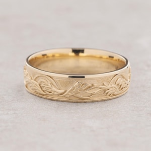 Engraved Leaf Wedding Band Pattern - Japanese Maple Leaves Ring, Nature Inspired Comfort Ring for Men, 6mm Width, 14k/18k Solid Gold