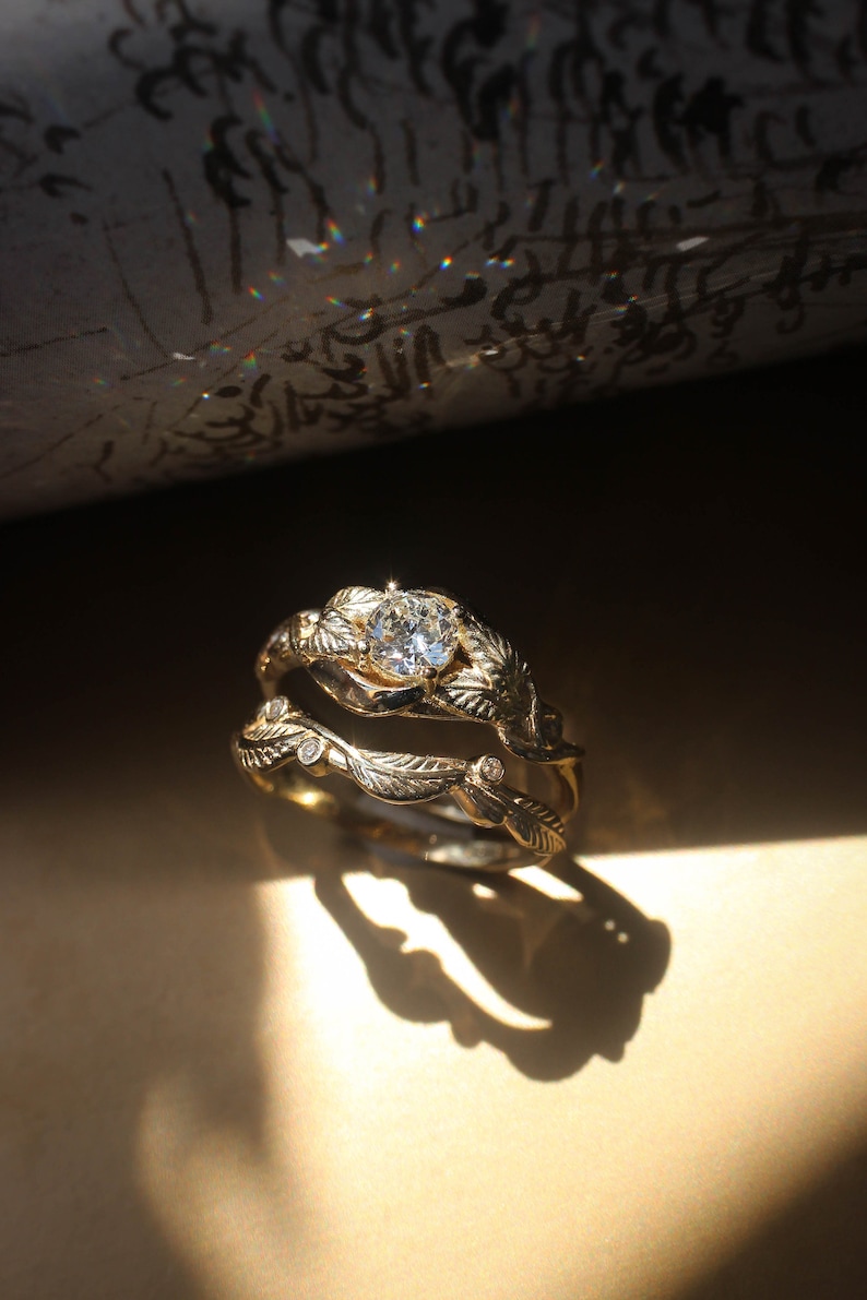 Leaf bridal ring set, engagement ring, moissanite ring, twig wedding band, branch ring, gold leaves ring, stacking rings set imagem 9