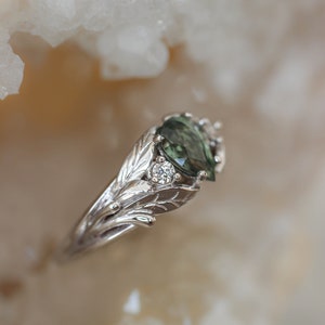 Green sapphire engagement ring, white gold leaf ring, sapphire & diamonds ring, leaves ring, nature engagement, ring for woman, unique ring image 7