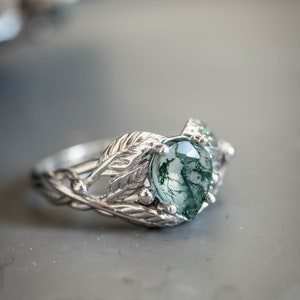 Natural Moss Agate Ring 14K or 18k Gold, Elvish Leaves Engagement Ring, Forest Green Gemstone Ring, Unique Promise Ring for Women image 4