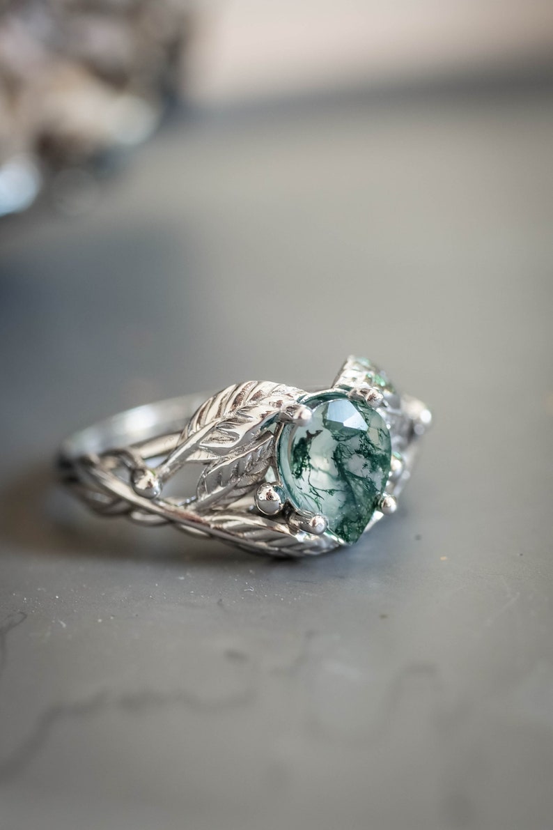 Natural Moss Agate Ring 14K or 18k Gold, Elvish Leaves Engagement Ring, Forest Green Gemstone Ring, Unique Promise Ring for Women image 4