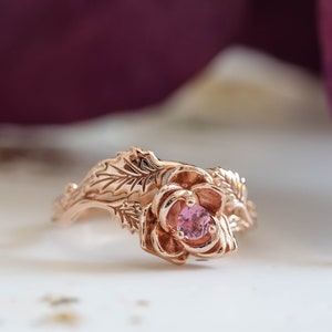 Rose shaped Tourmaline Engagement Ring Rose Gold, Nature inspired Flower engagement ring, Natural Pink Tourmaline Rose Ring 14K or 18K Gold