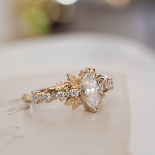 Yellow Gold Leaf Engagement Ring Marquise Moissanite Ring - Etsy