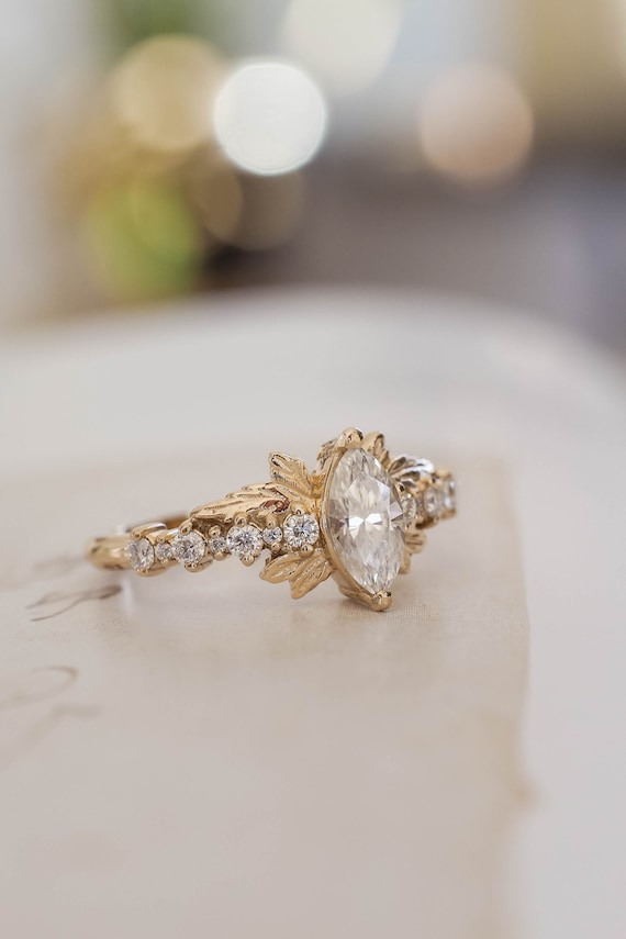 Yellow Gold Leaf Engagement Ring Marquise Moissanite Ring Leaves