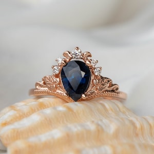 Genuine Pear cut Blue Sapphire Engagement Ring, Gold Botanical Ring with Ivy Leaves and Diamonds, Diamond Crown Nature Inspired Promise Ring